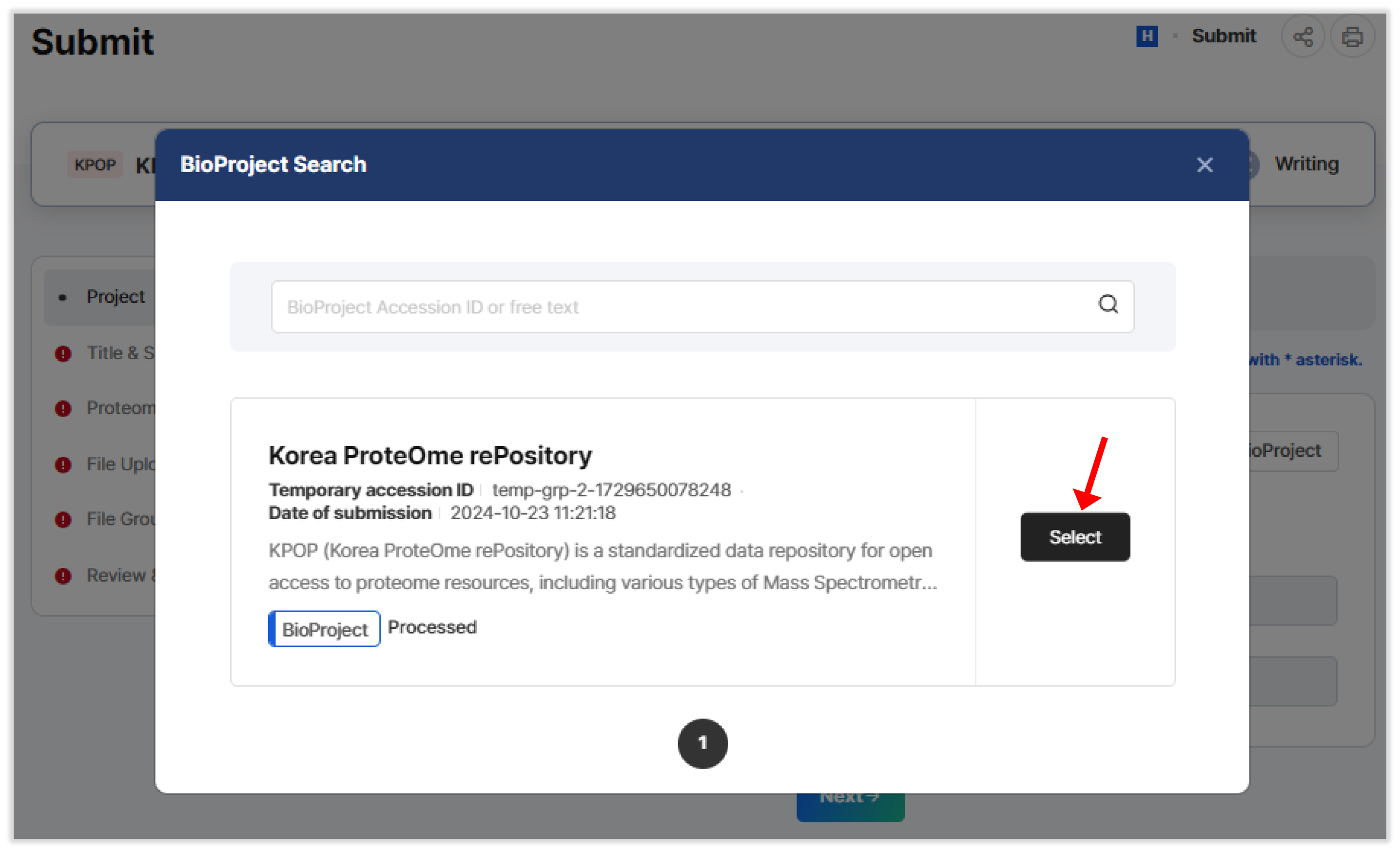 Selecting an existing project