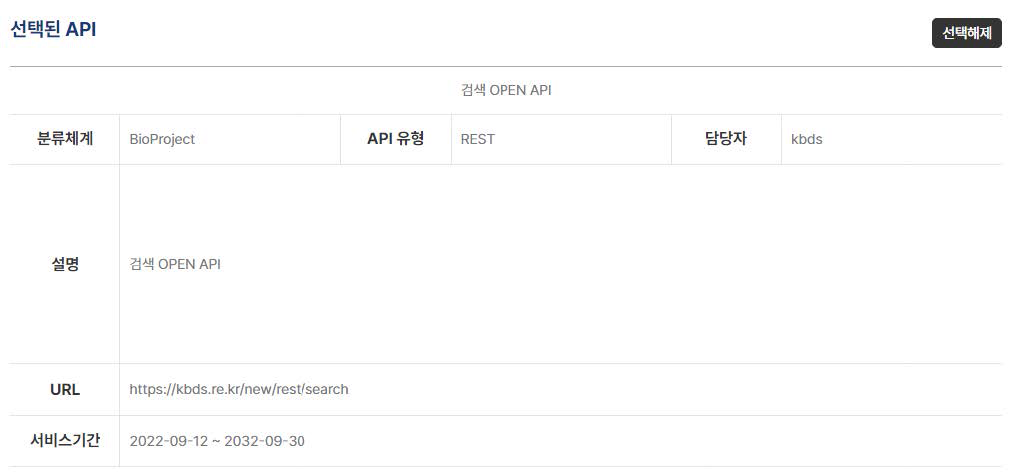 신청할 Open API 선택 완료된 화면