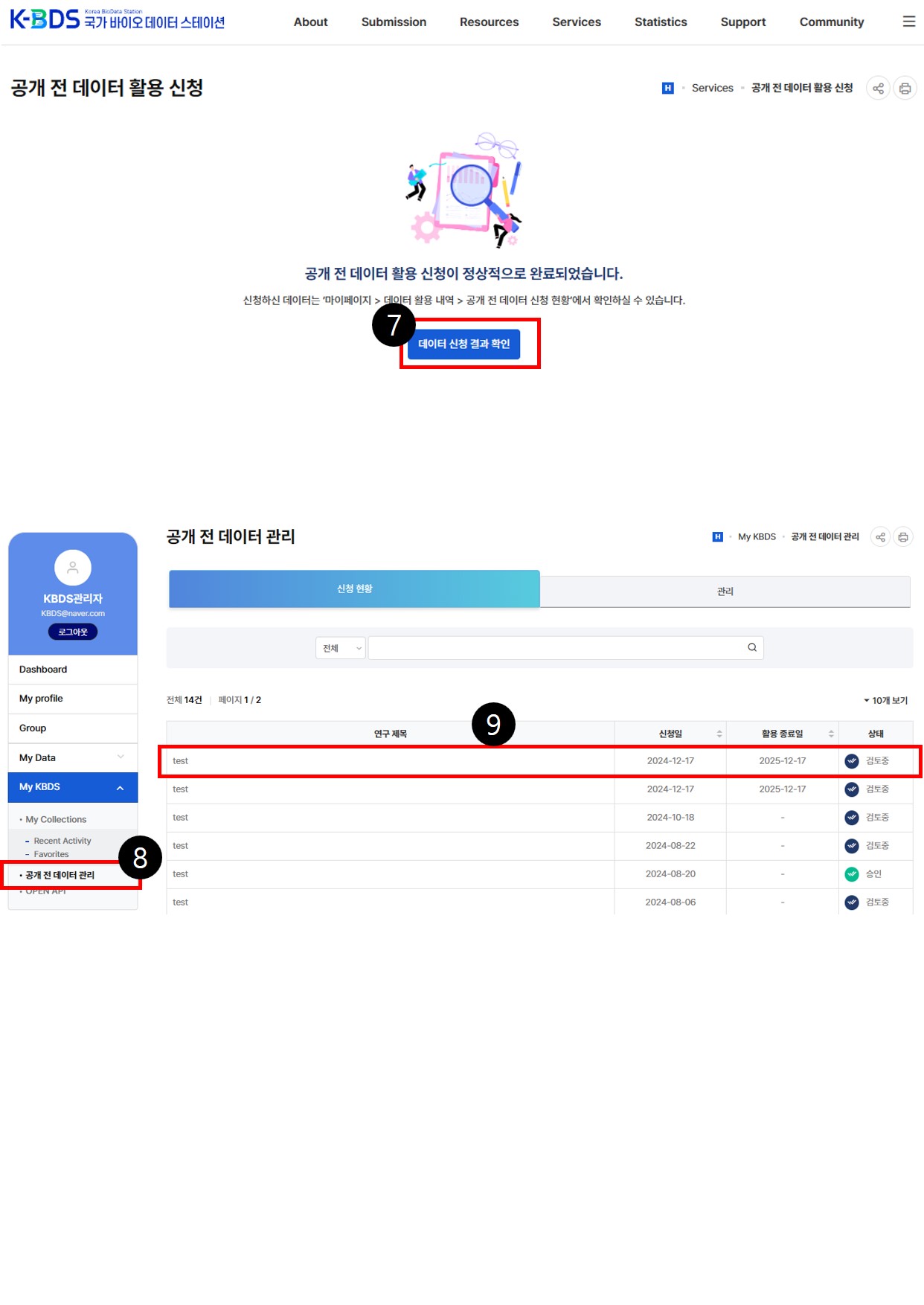 ⑦ 공개 전 데이터 활용 신청이 정상적으로 완료되면 [데이터 신청 결과 확인] 클릭하여 신청 현황 확인 ⑧ [MYPAGE ⇨ My KBDS ⇨ 공개 전 데이터 관리] 페이지로 이동 ⑨ 데이터 등록자의 승인이 완료되면, [검토중 ⇨ 승인]으로 상태 변경, 데이터 활용 가능