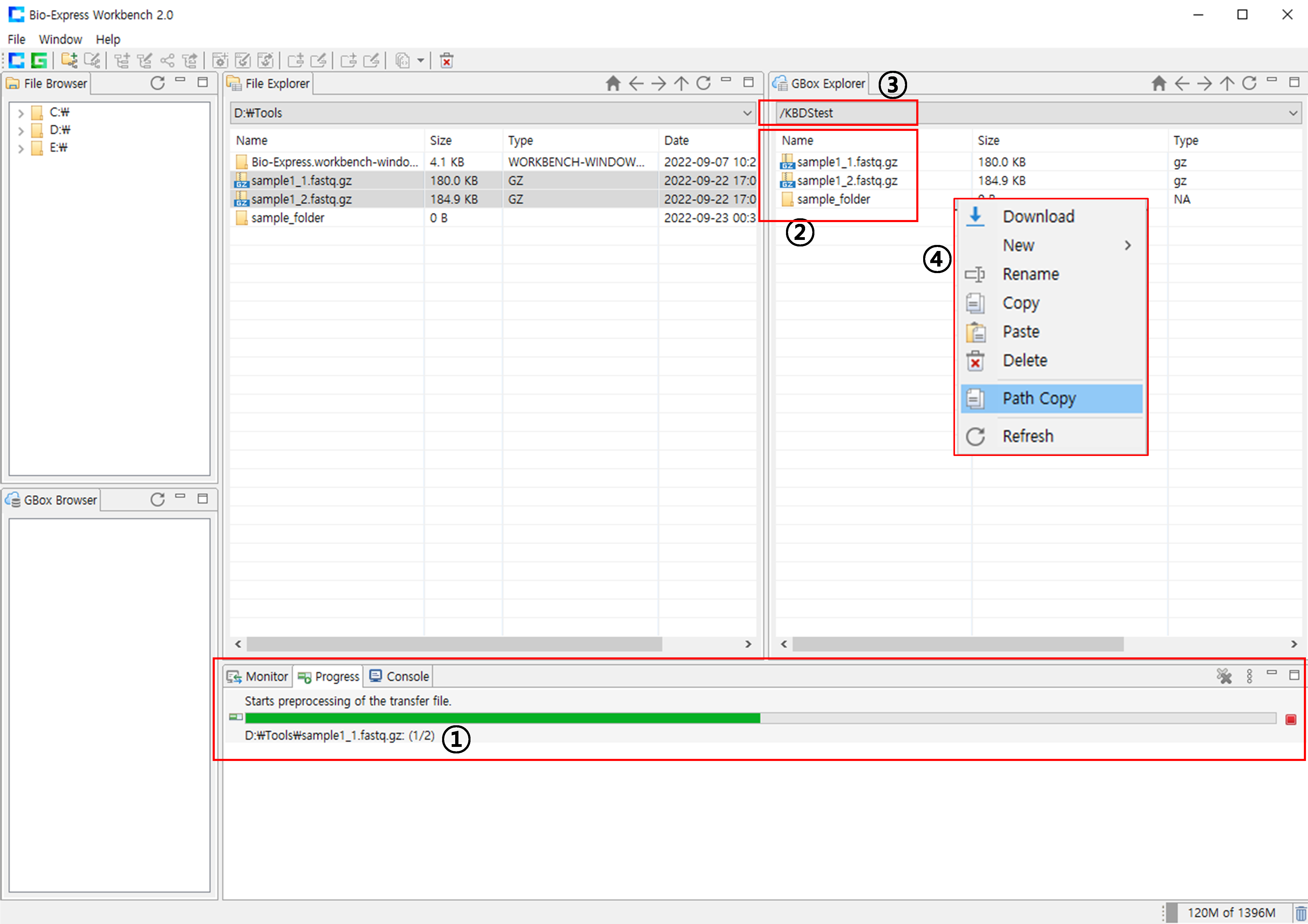 업로드한 데이터 경로 확인
[①데이터 업로드]가 시작되면 하단의 progress 창에서 업로드 현황 확인이 가능. 폴더를 업로드하는 경우 폴더 내의 모든 파일에 대한 파일 크기 측정이 완료된 후 업로드가 시작되며 파일 개수에 따라 측정시간이 추가로 소요
[②업로드]가 완료되면 GBox Explorer 창에 업로드된 파일 또는 폴더가 나타남
[③이 파일 및 폴더의 위치]는 표시된 [현재 K-BDS 스토리지 내 경로] 하위에 파일명 및 폴더명으로 저장
업로드한 파일 및 폴더의 경로를 확인하는 다른 방법은 GBox Explorer 창에서 파일 또는 폴더를 선택하고 [④마우스 우클릭]을 하여 팝업되는 메뉴에서 Path Copy를 선택하면 해당 파일 또는 폴더의 전체 경로가 복사
이후 K-BDS 웹 페이지에서 다중 데이터 파일을 등록 시 입력할 파일명은 파일명이 아닌 위의 방식으로 파악한 파일의 ““파일의 전체 경로명(절대경로)”을 기입